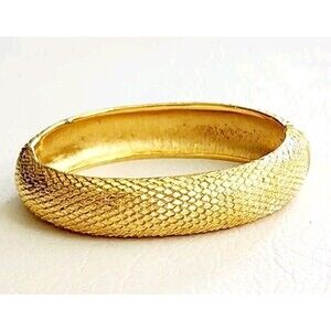 Vintage Monet Textured Wide-Hinged Bangle Bracelet Gold Tone